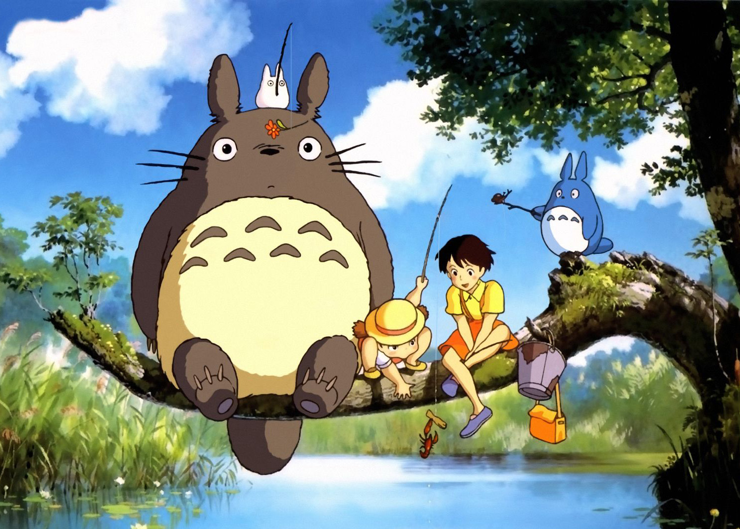 Studio Ghibli characters sitting on a branch